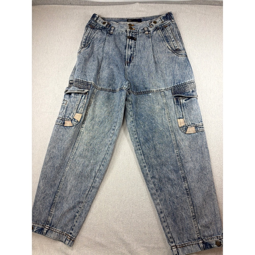 Vintage 80s 90s Acid Wash Cargo Jeans Mens 36x30 Pleated baggy Tapered Blue